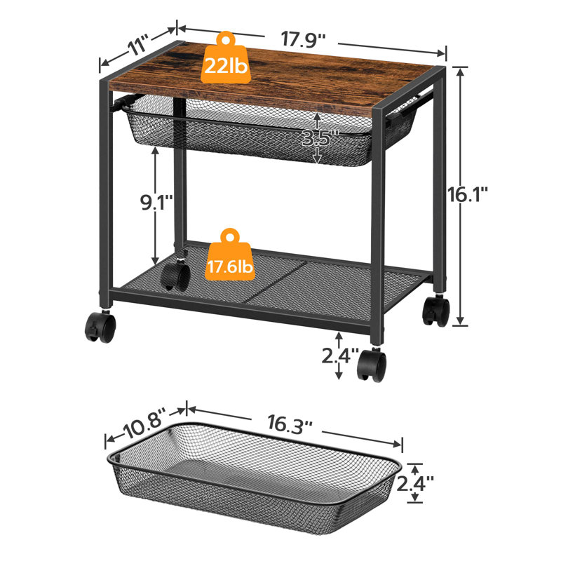 Under Desk Printer Stand, Industrial Printer Cart With Storage Shelf, 2-Tier Mobile Printer Table On Wheels, Heavy Duty Machine Storage Rack
