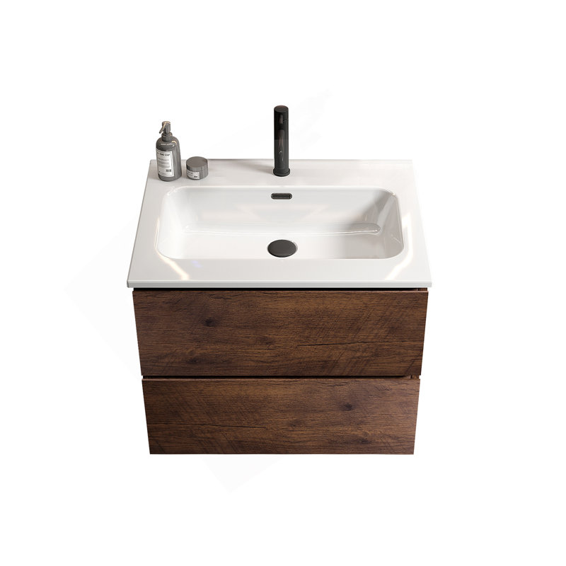 Meuble-lavabo mural en noyer de 24 po avec lavabo en céramique avec un trou de robinet, grand meuble-lavabo flottant de rangement pour salle de bain moderne, lavabo une pièce sans drain et robinet, pré-assemblé