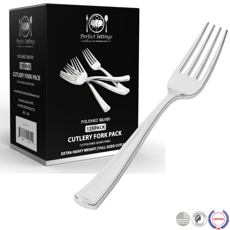 Perfect Settings Tableware 125 Pack Silver Plastic Disposable Fork Set- Polished Chrome Plastic Silverware Heavy Duty Elegant Designed Forks (Set of 125)
