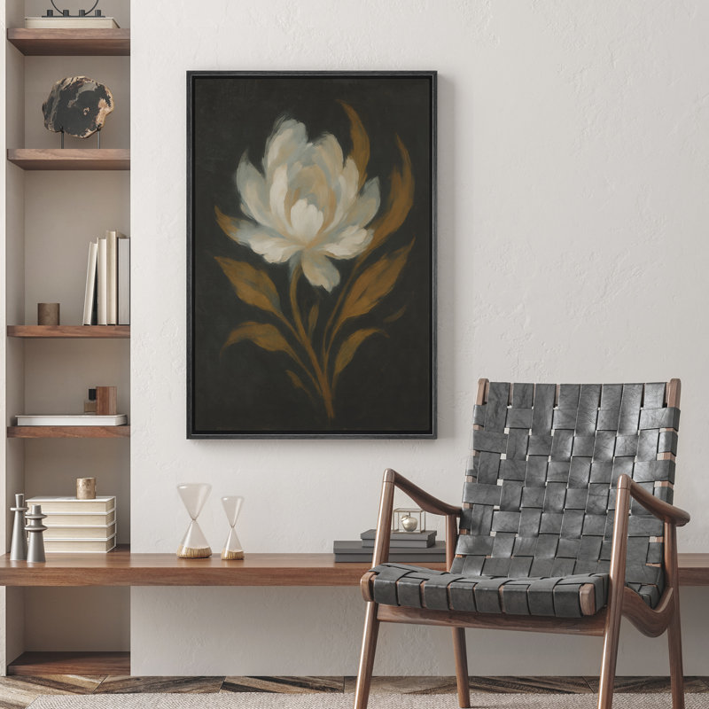 Impression florale foncée fleur blanche sur fond noir avec feuilles dorées, reproduction d'art sur toile encadrée, Noir