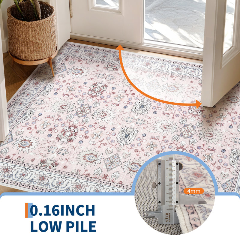 Garvee Vintage Living Room Rug 5x7 Washable Rug with Non Slip TPR Backing, Retro Oriental Carpets, Soft Thin Non Shedding Floor Covering, Indoor Low Pile Non Shedding Mats for Nursery, Pink