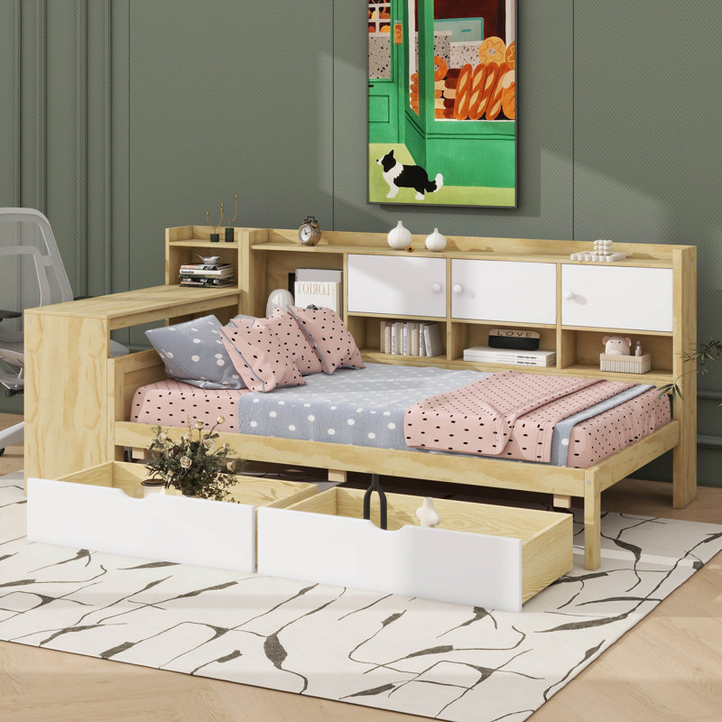 Lit de jour en L en bois avec sept armoires de rangement et deux tiroirs de rangement, lit multifonctionnel avec bureau d'étude