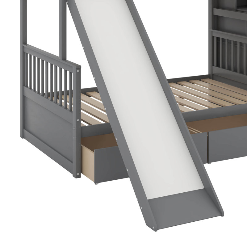 Lit simple superposé au dessus d'un lit double avec tiroirs, Gris