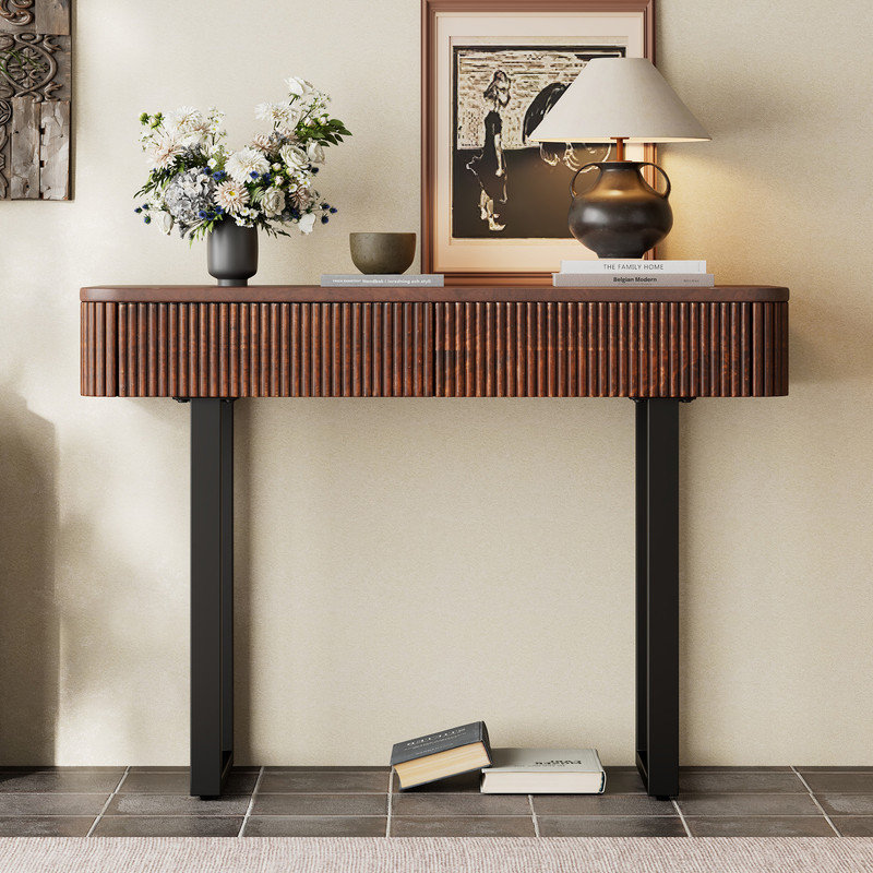Solid Wood Entryway Table with Fluted Design, Retro Minimalist Console with Storage and Metal Legs, Honey