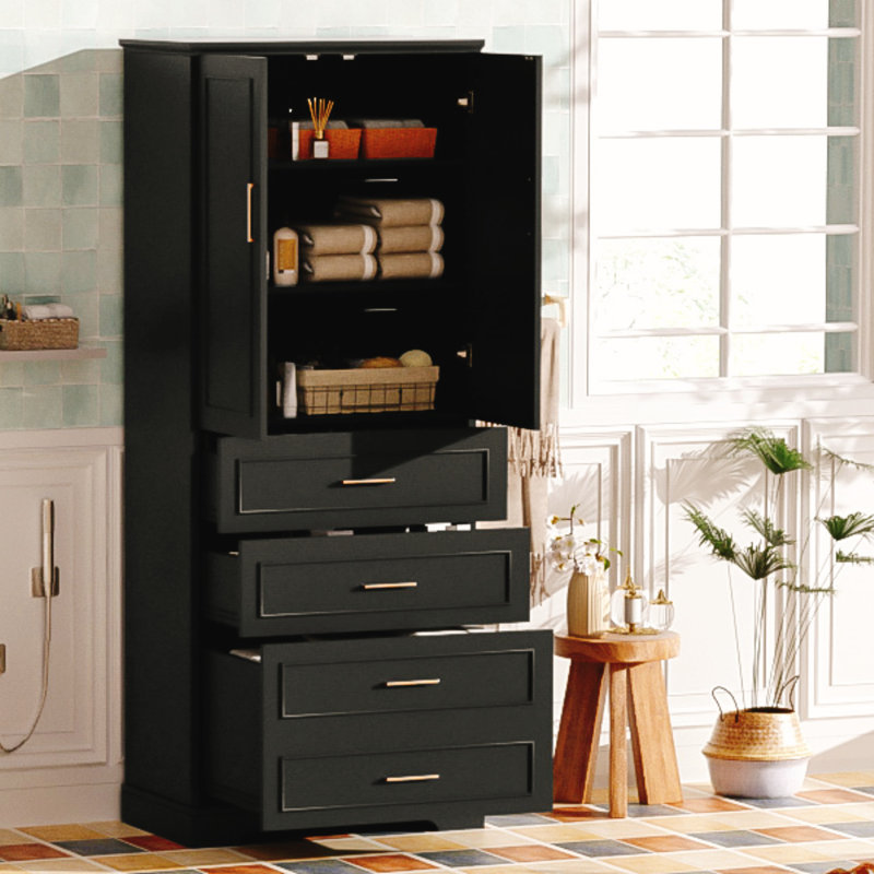 Armoire de salle de bain autoportante de 72,2 pouces de hauteur avec 3 tiroirs (divisés, standard, profond), style moderne et élégant, noir