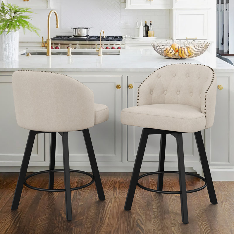 Tabouret de comptoir pivotant en lin rembourré avec pieds en métal, Lin