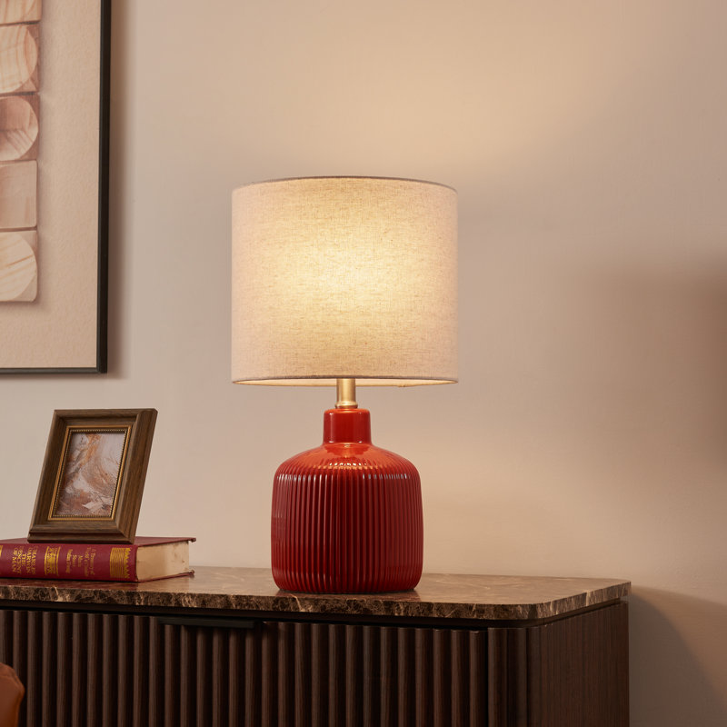 17.5" Modern Glazed Ceramic Table Lamp with Drum Shade, Glaze Red
