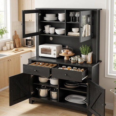 Armoire de cuisine 63 "avec support pour micro-ondes, 4 portes et 2 tiroirs, noir