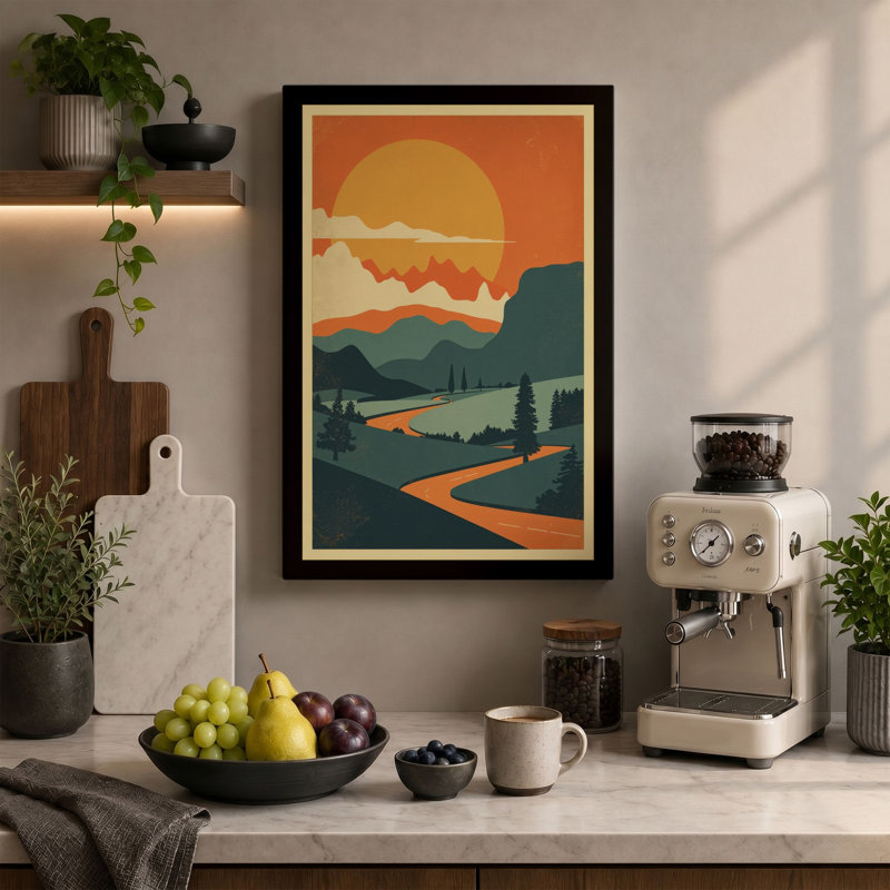 Sunset Over Mountain Retro - Wrapped Canvas, 30x20 - 76.2 x 50.8 cm, Cream Border