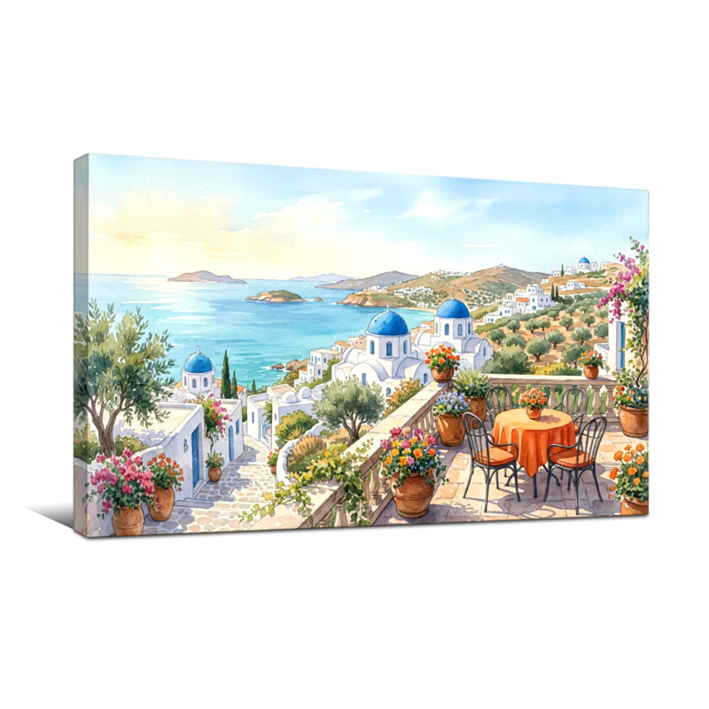 Paysage et nature littoral méditerranéen avec dômes bleus et pots de fleurs, H 24 po x l 48 po
