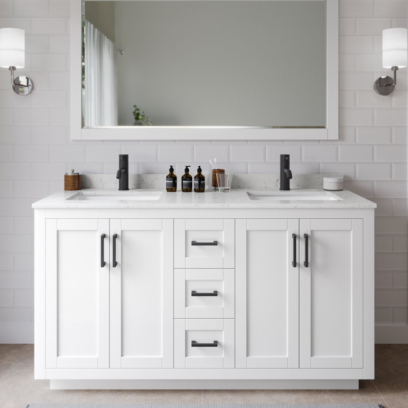 Miranda 60" Freestanding Double Bathroom Vanity with Cultured Marble Top with 58" Mirror, Carrara Cultured Marble, White
