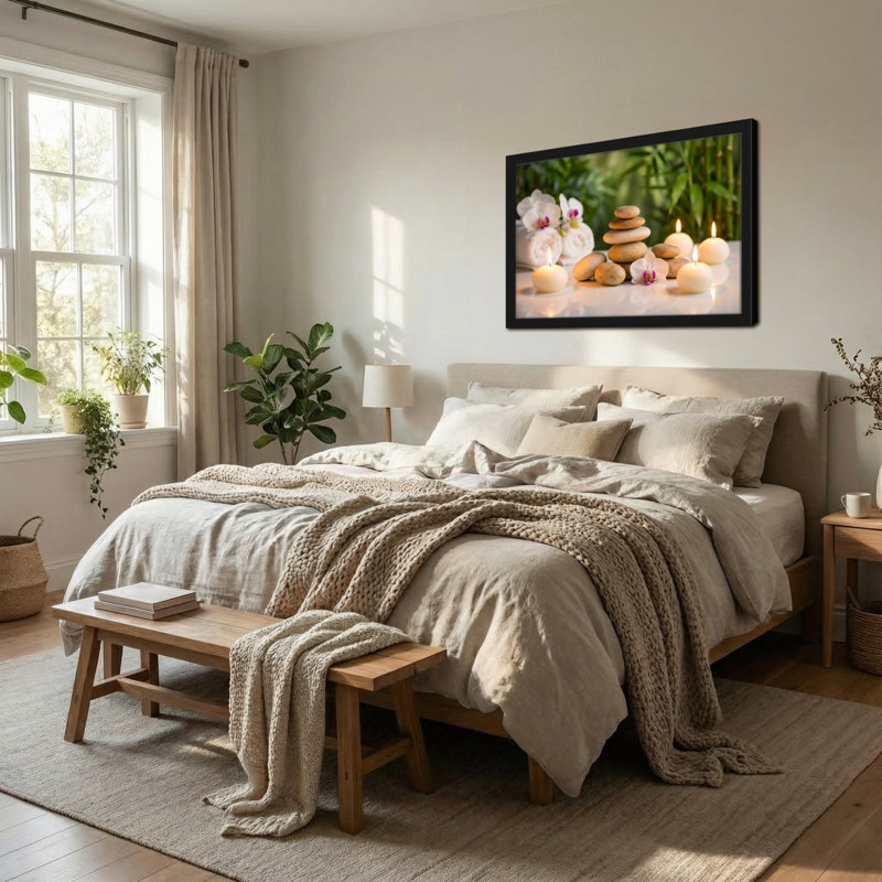 Mode Spa Pierres Bougies Fleurs Sur Fond Bambou Détente Paisible, H 24 po x l 36 po