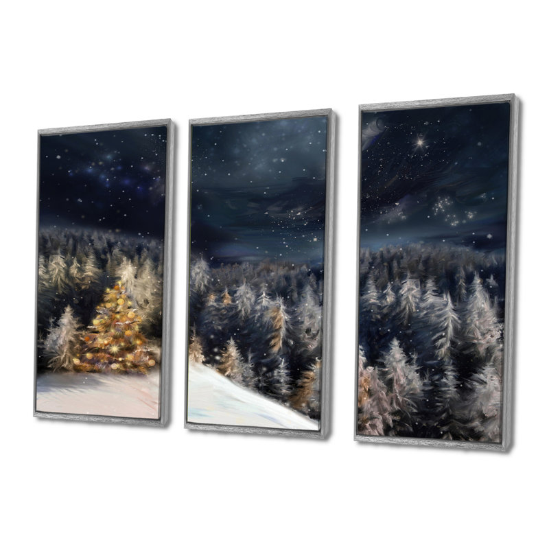 «Night Forest Christmas Tree», ensemble d'art mural sur toile encadré paysage, Argent, H 40 po x l 60 po