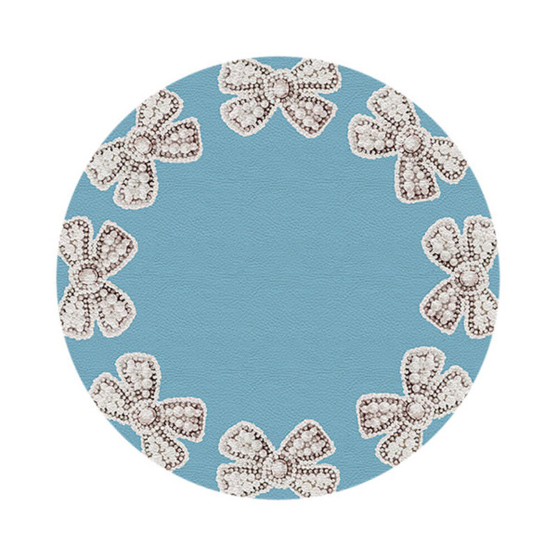 Pearl Bow Vegan Leather Round Pebble Placemat, Blue