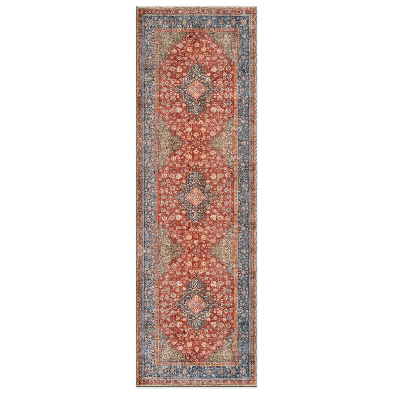 Tapis traditionnel à médaillon rouge Marin - tissé à plat, surface lavable avec envers antidérapant, Rouge