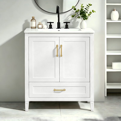 30" Single Bathroom Vanity with Ceramic Sink Top, Soft-Close Double Doors & Bottom Drawer, Door-mounted Organizers