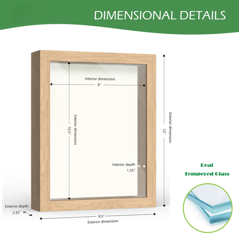 8.5” X 11” Natural Oak Wooden Shadow Box Frame – Display Case With Soft Felt Back, Memory Box With Tempered Glass, Display Box With Elegant White Ball Push Pins, Wooden Flower Box