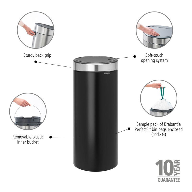Brabantia 30 Litre Touch Bin, Matt Black