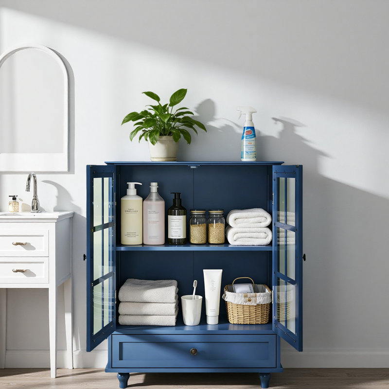 Mordern Bathroom Storage Cabinet With Double Glass Doors And Spacious Bottom Drawer, Adjustable Shelves, Blue