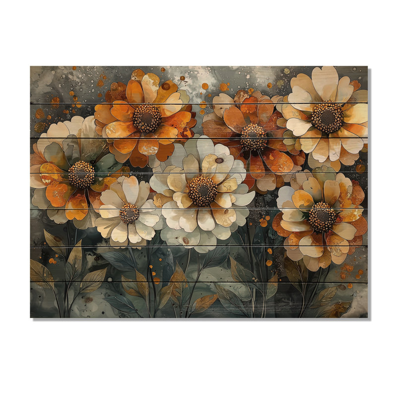 Golden Zinnias Flowers Geometric Beauty I - Zinnias Wood Wall Decor - On Natural Pine Wood, 24" H x 32" W x 0.78" D