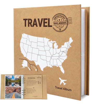Album photo de voyage 10 x 15 cm, classeur à 6 anneaux, 100 photos, 25 pages avec espace pour écrire, couverture avec carte des États-Unis, carnet de voyage pour les souvenirs de vacances en famille, avec pochettes photos (kraft).