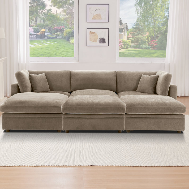 118.5” Oversized Cloud Modular Sectional Down Filled 6-Seater Sofa With Storage Ottomans, Khaki