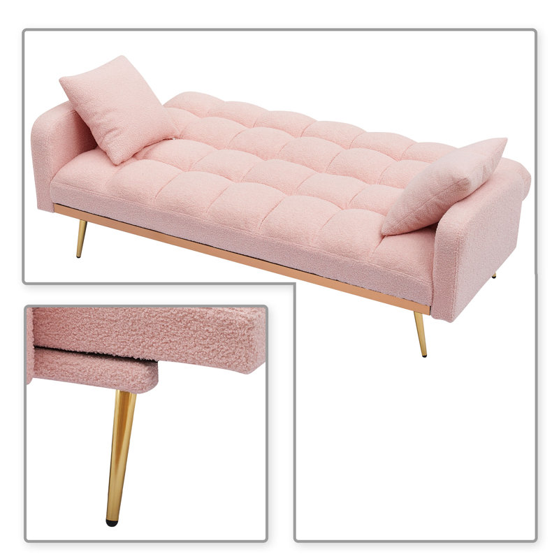 Classic Teddy Fabric Upholstered Convertible Futon Sofa Bed with 2 Throw Pillows, Pink Teddy
