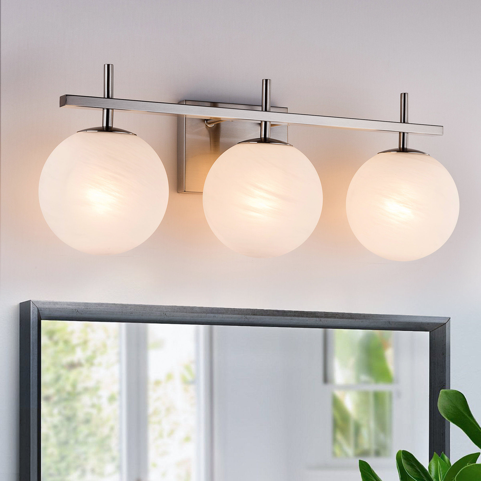 Bathroom Vanity Light With Round Shape Cloud Glass Shade, Polished Nickel, 3
