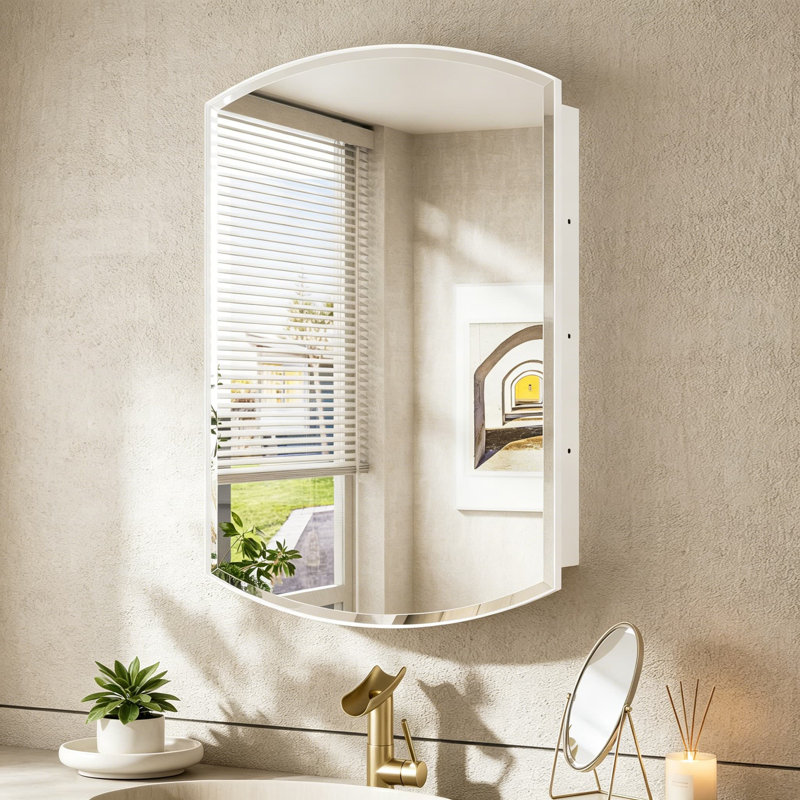 Pharmacie ovale 20 po x 30 po avec miroir, encastrée ou en surface, structure en métal, design arqué, miroir biseauté, tablettes réglables, blanc
