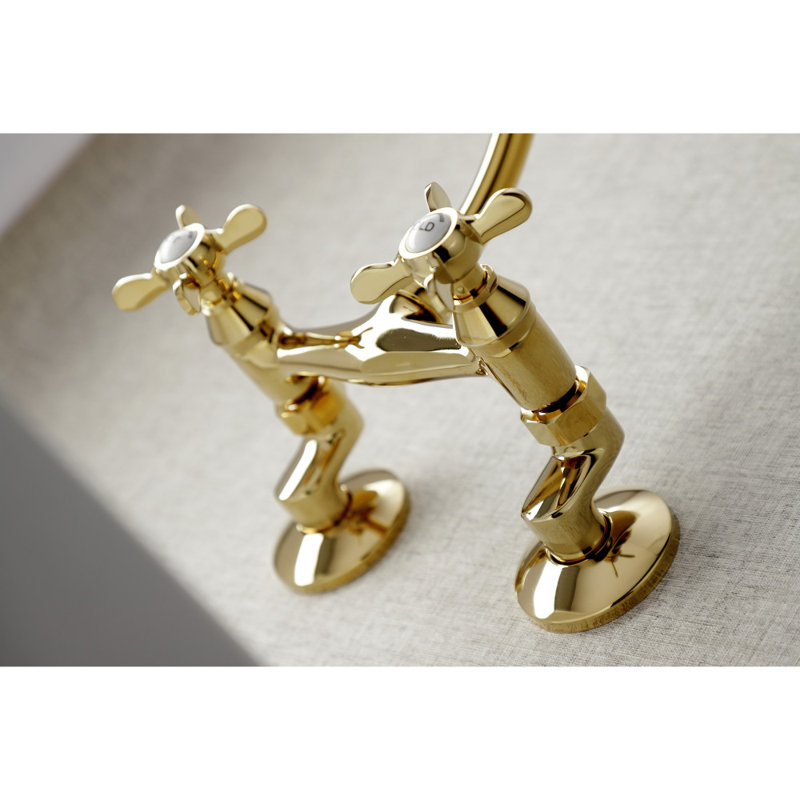 Kingston Brass Essex Double-Handle 2-Hole Wall-Mount Bridge Kitchen Faucet, Polished Brass