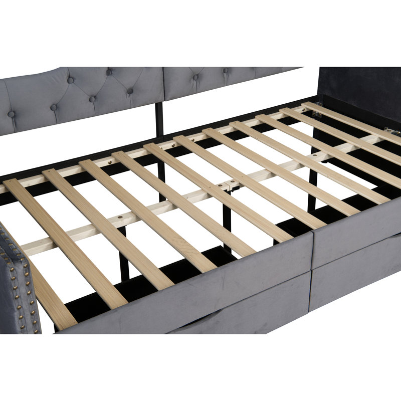 Grey Upholstered Daybed With Drawers - Twin Size, No Box Spring, Crafted From Wood Stylish Arms Size Velvet Upholstery And Storage Frame Stable Slats Elegant Design