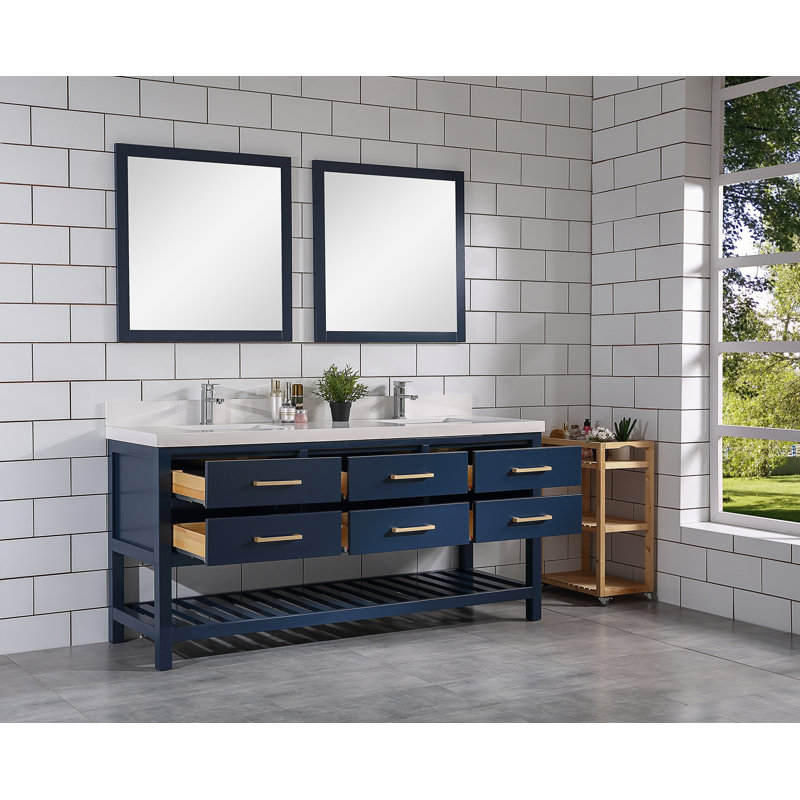 Meuble-lavabo simple l 72 x P 22 x H 36, Empira, Bleu marine, Doré