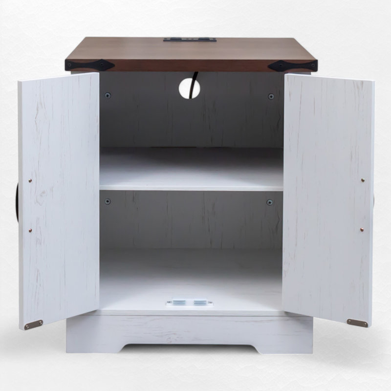 End Table With Storage And Built-in Outlets, White