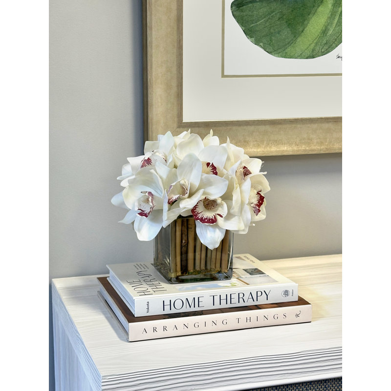 Orchids Arranged in Bamboo-Filled Glass Vase, Blue