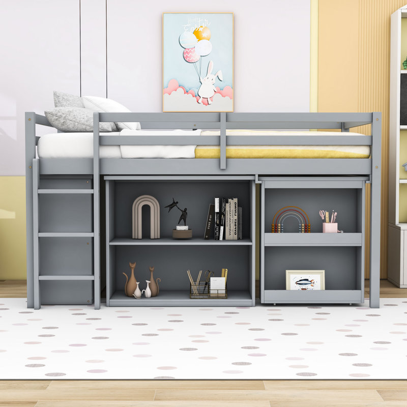 Twin Low Loft Bed With Built-In Desk, Drawer Cabinet And Shelf Cabinet, Gray