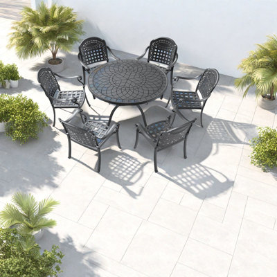 Élégant ensemble de salle à manger de patio en aluminium coulé 7 pièces avec coussins bleus