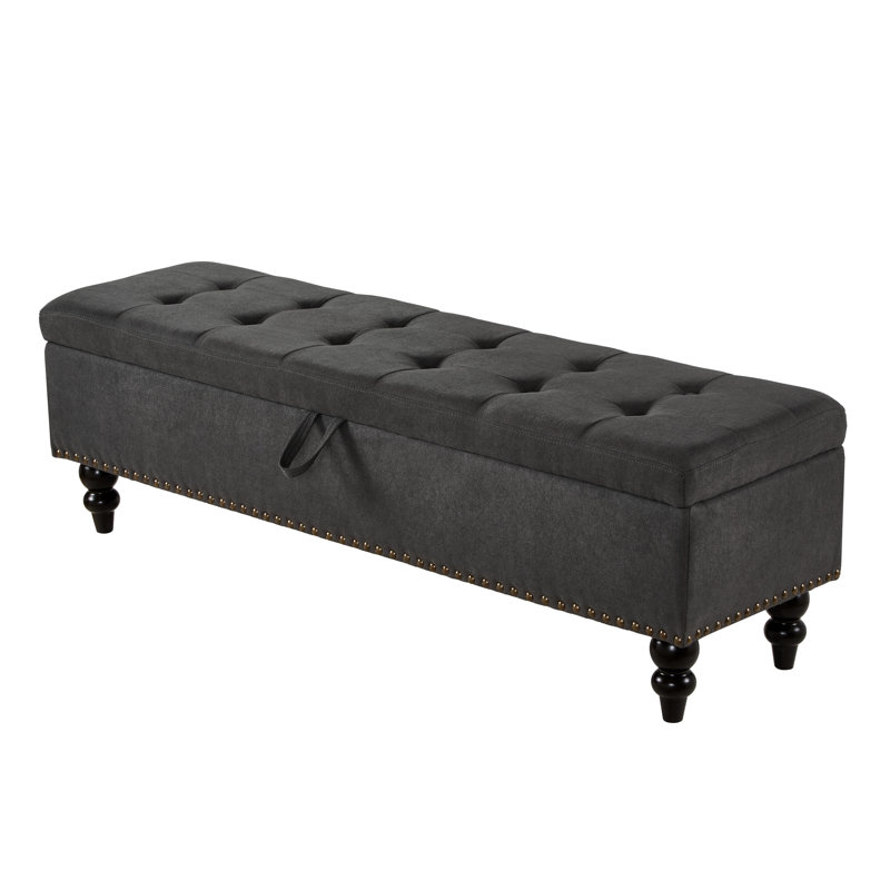Bed Bench With Grey Storage Fabric 59" - Button Tufting For Living Room & Hallway Bedroom Comfortable Seating, Gray