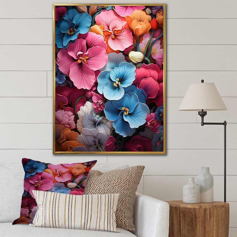 Neon fantaisie tropicale Pansys II, Cadre flottant doré, 44" H x 34" W