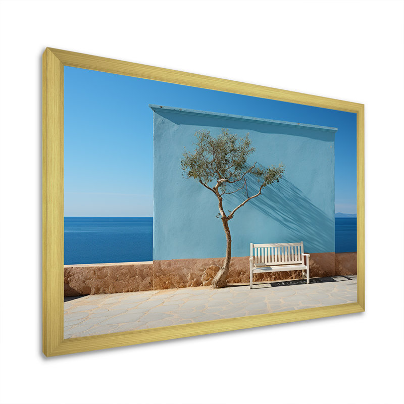 Arbre avec un banc, horizon de la Grèce - art mural nautique et plage, salon, H 16 po x l 32 po x P 1 po