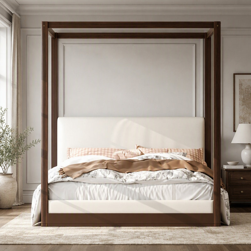 Lit plateforme à baldaquin en bois avec tête de lit rembourrée en lin, Grand lit, Espresso