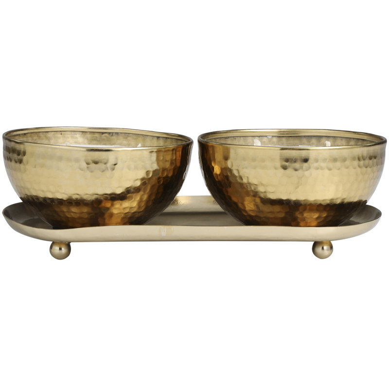 Metal Tropical Breeze Scented Hammered 12 oz 2 Wick Decorative Candle with White Wax Set, 3.3" H x 10.25" W x 5.3" D, Gold