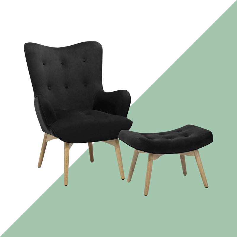 Carwile Upholstered Wingback Chair With Footstool, Black