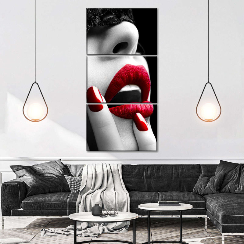 Lèvres rouges sur toile, ensemble de 3 pièces, H 36 po x l 75 po