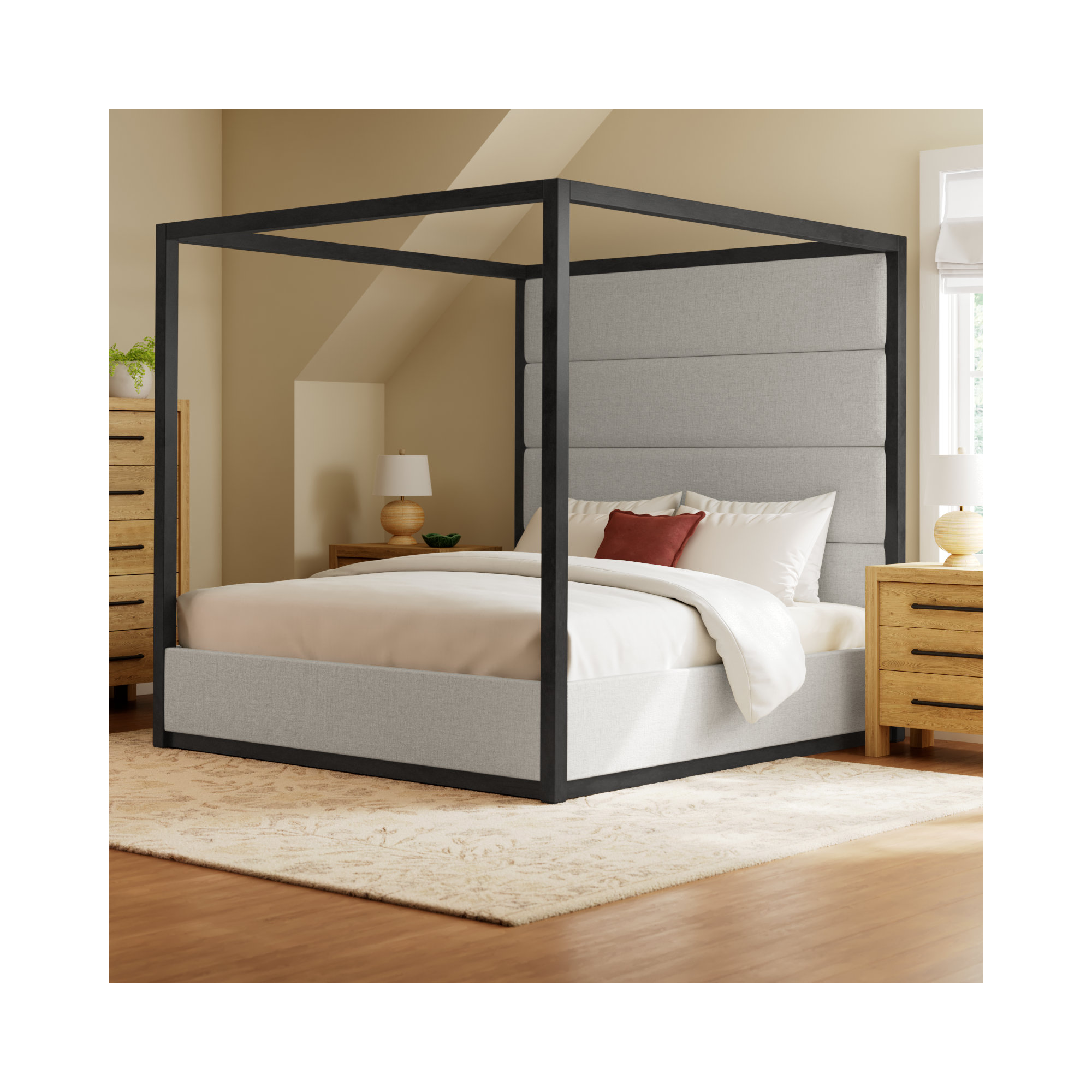 Langley Tufted Canopy Bed, Gray/Off-White, King