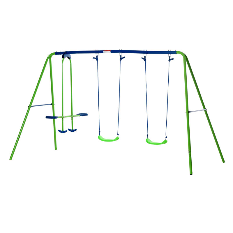 Ensemble de balançoire en métal avec glissière, deux sièges de balançoire et une hauteur réglable, cadre en A robuste pour l'extérieur