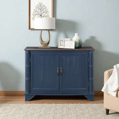 Console rétro bleu marine avec tablette de rangement réglable, pieds en pin massif pour l'entrée ou le salon