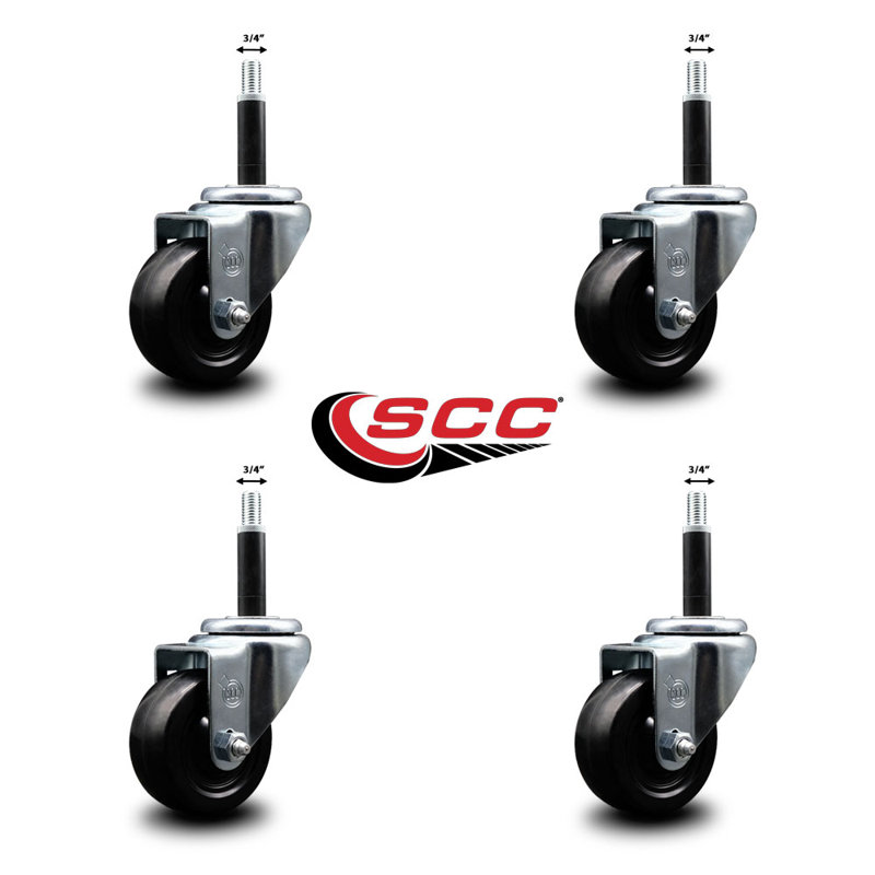 Ensemble de roulettes extensibles pivotantes en caoutchouc dur 3 pouces 3/4 pouces SCC