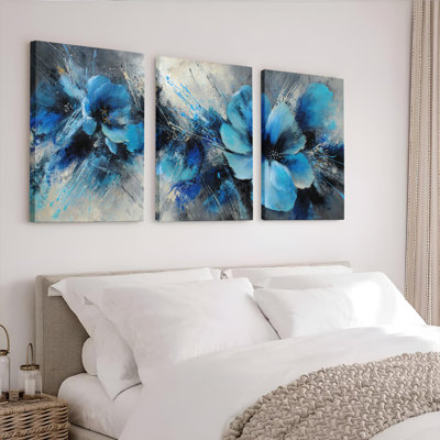 Abstrait bleu floral sur toile tendue, reproduction d'art sur toile, ensemble de 3