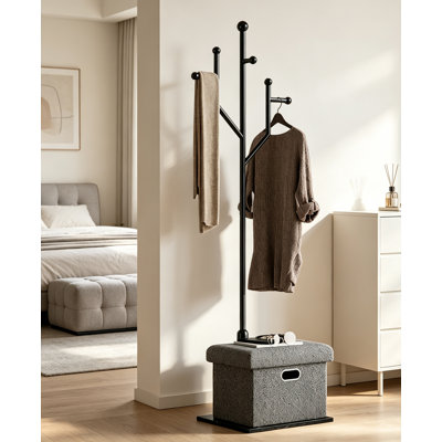 Coat Rack with Storage Box 8 Hooks Marble Base Black