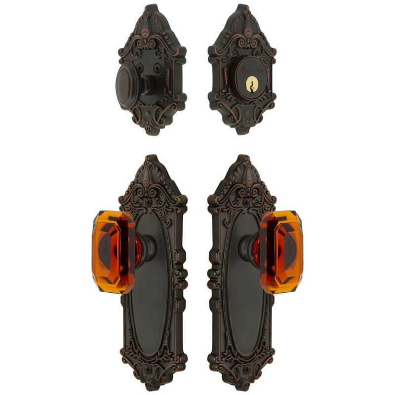 Grandeur Grande Victorian Long Plate Entry Set with Baguette Amber Crystal Knob in Polished Nickel, 2.375", Timeless Bronze